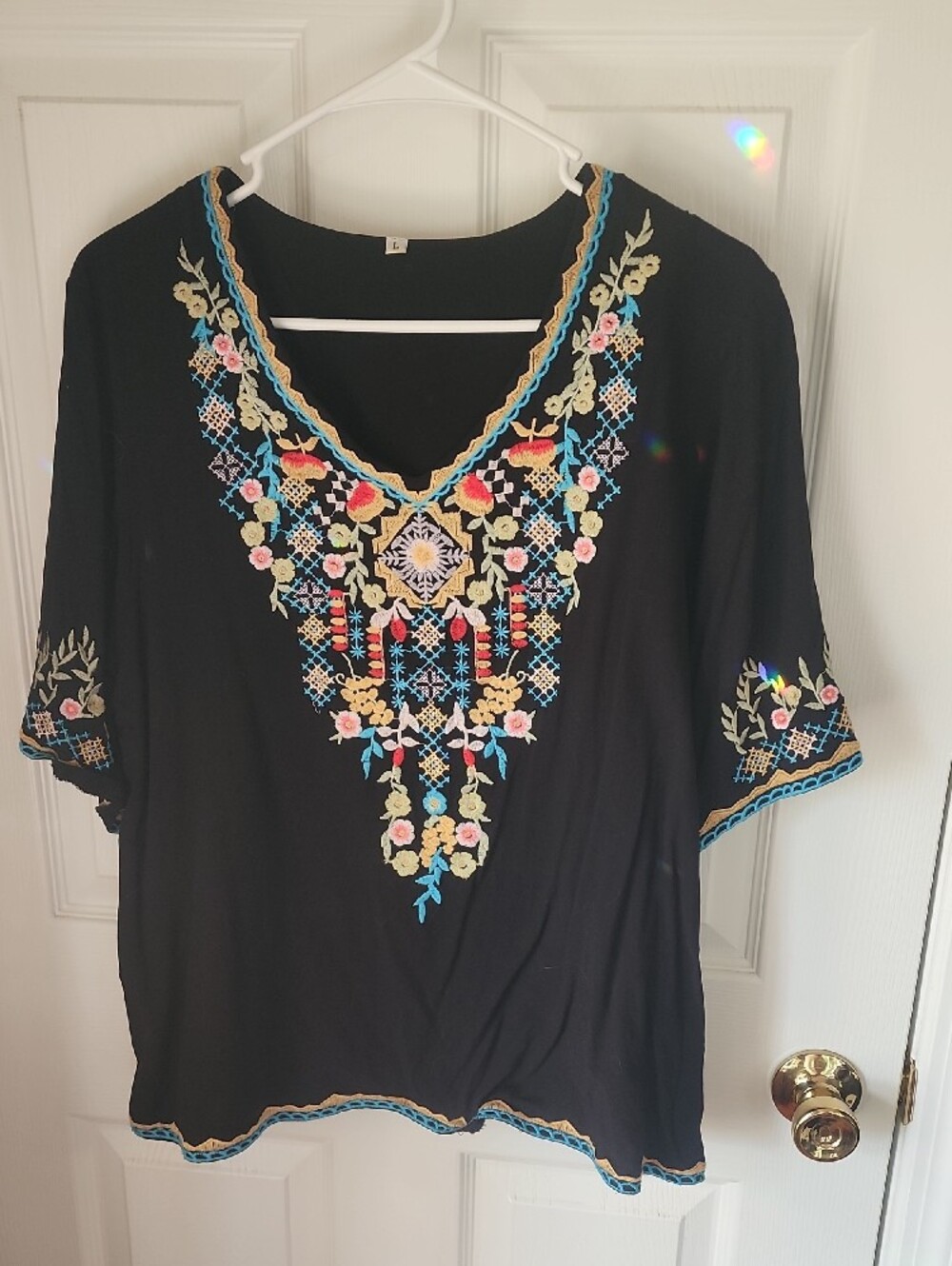 Embroidered V-Neck Boho Top in Black with Multicolor Floral Accents